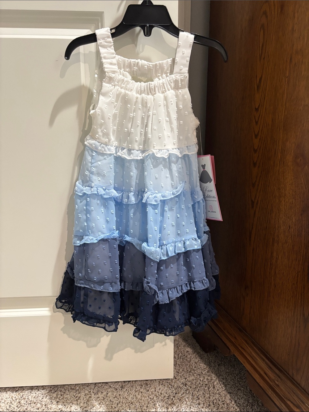 Rare Editions White, Light Blue and Navy Tiered Ruffle Dress